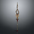 Ornate Decorative Weapon Featuring Sharp Tip Golden Accents And Red Gemstone