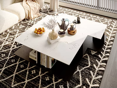 Modern Living Room Coffee Table with Marble Top Decorative Pieces on Patterned Rug and Sofa 3d model