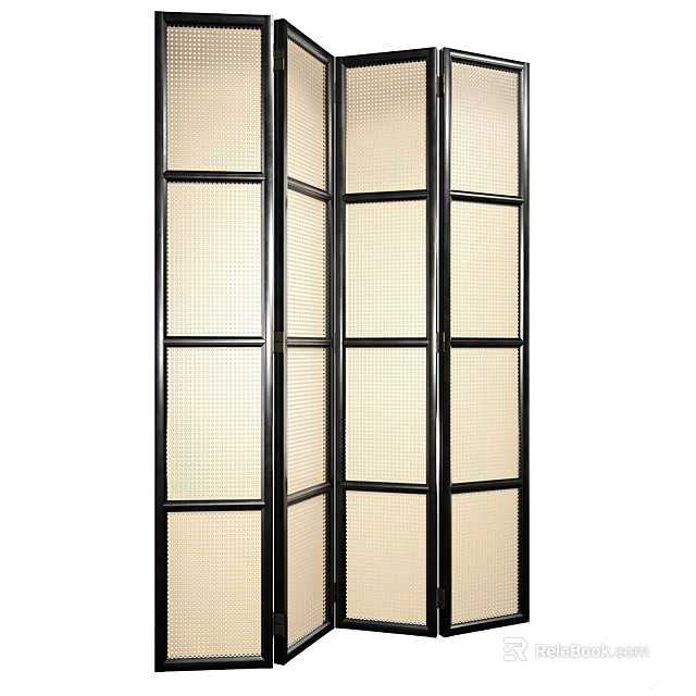 Modern Folding Room Divider Screen with Black Frame and White Mesh Panels 3d model