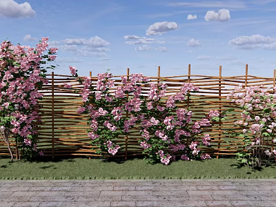 Beautiful Garden Landscape With Bamboo Fence And Pink Flowers On Grass Lawn 3d model