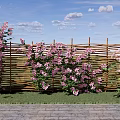 Beautiful Garden Landscape With Bamboo Fence And Pink Flowers On Grass Lawn