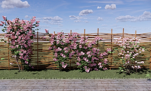 Garden vine flower plant rose bush bamboo fence 3d model