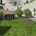 3D Rendered Traditional Village Scene With Grassy Fields Stone Buildings Various Roof Styles and Trees