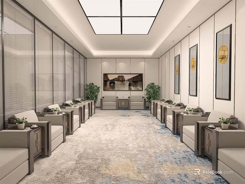 Modern Hotel Public Lounge Area With Comfortable Sofas Artwork And Green Plants 3d model