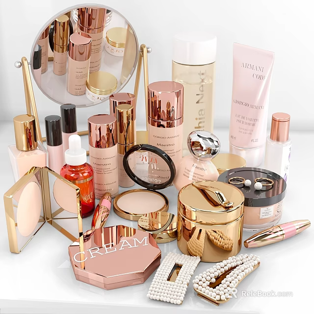Luxury Beauty Cosmetic Collection With Gold Pink Packaging And Skincare Makeup Products 3d model 