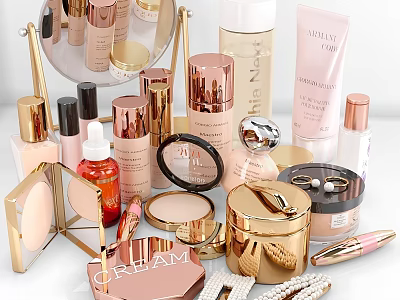 Luxury Beauty Cosmetic Collection With Gold Pink Packaging And Skincare Makeup Products 3d model