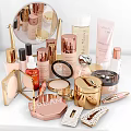 Luxury Beauty Cosmetic Collection With Gold Pink Packaging And Skincare Makeup Products