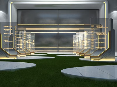 Modern Leisure Area Design With Green Lawn Circular Platforms And Glass Structures 3d model