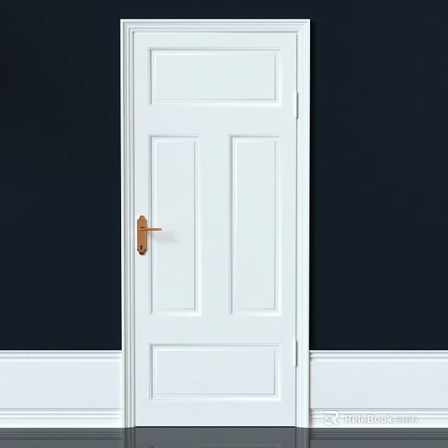 White Hinged Door With Brass Handle And Panel Design On Dark Background 3d model
