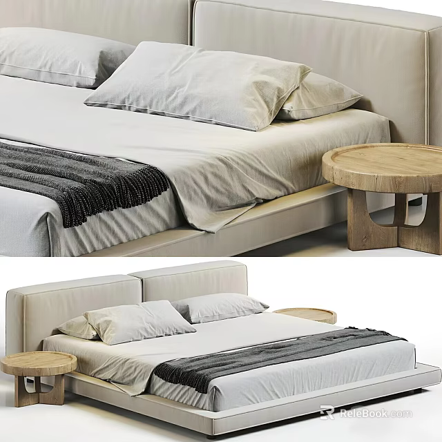 Modern Minimalist Double Bed With Light Upholstered Headboard Soft Pillows And Wooden Round Nightstand 3d model 