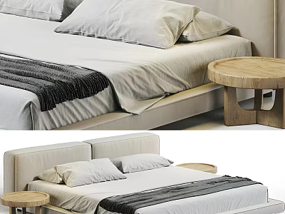 Modern Minimalist Double Bed With Light Upholstered Headboard Soft Pillows And Wooden Round Nightstand 3d model