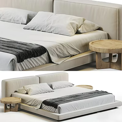 Modern Minimalist Double Bed With Light Upholstered Headboard Soft Pillows And Wooden Round Nightstand 3d model