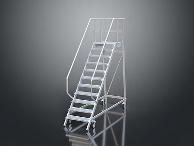 White Wheeled Metal Ladder With Handrail Steps On Smooth Black Floor Reflection 3d model