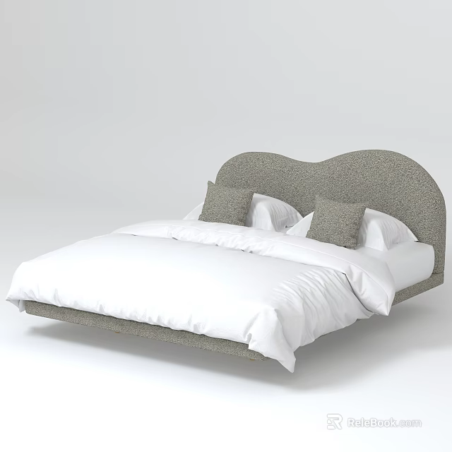 Modern Upholstered Double Bed With Curved Gray Headboard White Sheets And Gray Pillows 3d model