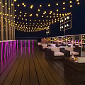 Villa Balcony at Night with String Lights Palm Tree Neon Sunset and Beach Chairs