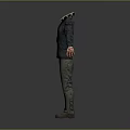 3D Character Model Wearing Dark Jacket Green Pants With Red Hands On Gray Background