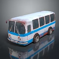 Old White And Blue Striped Bus With Rusted Body And Wheels Exterior