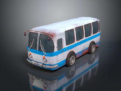 Old White And Blue Striped Bus With Rusted Body And Wheels Exterior 3d model Old White And Blue Striped Bus With Rusted Body And Wheels Exterior 3d model