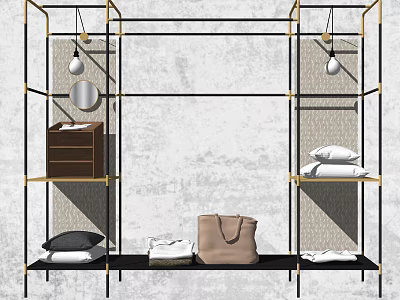 Modern Black Metal Storage Shelving Unit With Gold Accents And Organized Pillows Bags Clothes 3d model