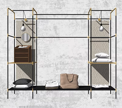 Modern Black Metal Storage Shelving Unit With Gold Accents And Organized Pillows Bags Clothes 3d model