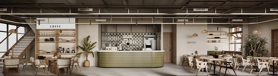 Modern Cafe Interior With Green Tiled Counter Geometric Wall Coffee Machine Wooden Door And Plant 3d model 