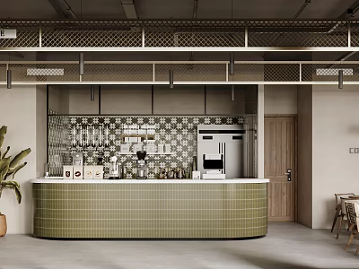 Modern Cafe Interior With Green Tiled Counter Geometric Wall Coffee Machine Wooden Door And Plant 3d model