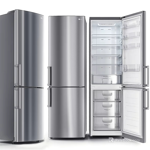 Stainless Steel Double Door Refrigerator Freezer With Open Door And Interior Compartments 3d model 