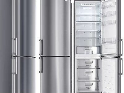 Stainless Steel Double Door Refrigerator Freezer With Open Door And Interior Compartments 3d model