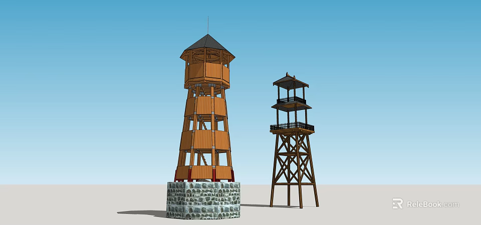 Traditional Wooden Towers With Multi Level Structure And Stone Base Design 3d model