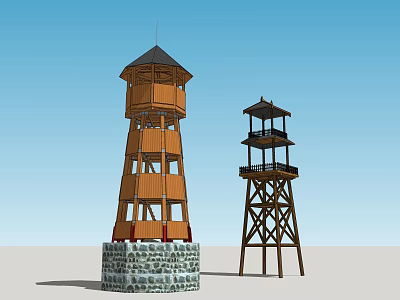 Traditional Wooden Towers With Multi Level Structure And Stone Base Design 3d model