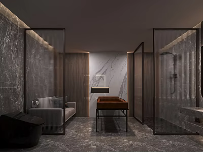 Modern Public Toilet Interior With Marble Walls Glass Partitions And Sofa Wash Basin 3d model