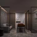 Modern Public Toilet Interior With Marble Walls Glass Partitions And Sofa Wash Basin