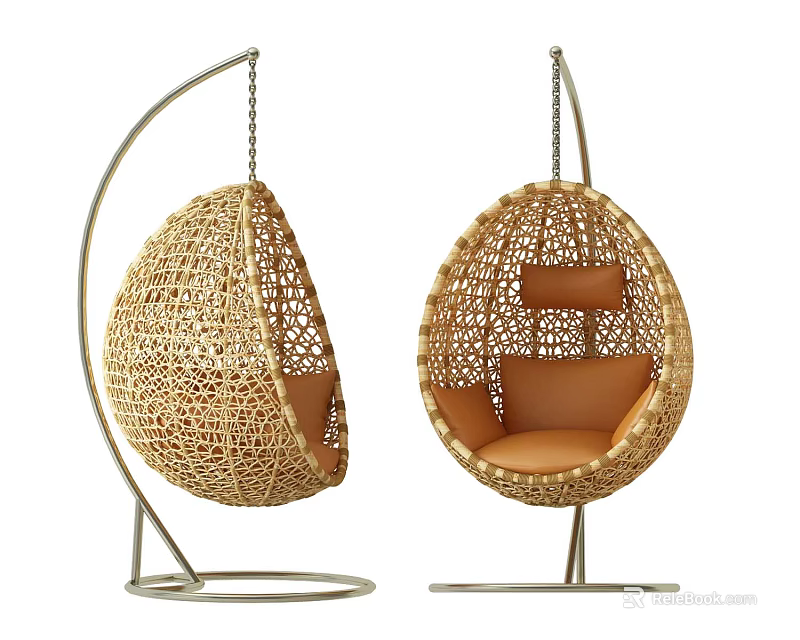 Modern Rattan Egg Shaped Hanging Chairs With Orange Cushions And Metal Stands 3d model 