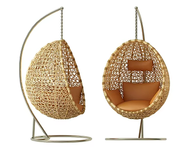 Modern Rattan Egg Shaped Hanging Chairs With Orange Cushions And Metal Stands 3d model