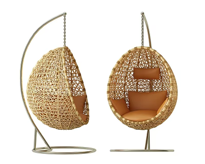 Modern Rattan Egg Shaped Hanging Chairs With Orange Cushions And Metal Stands 3d model