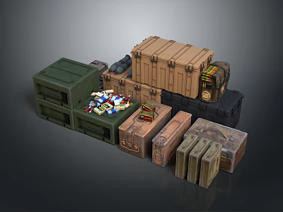 Household Items Packed in Various Colored Material Boxes with Canned Goods and Bottled Products 3d model