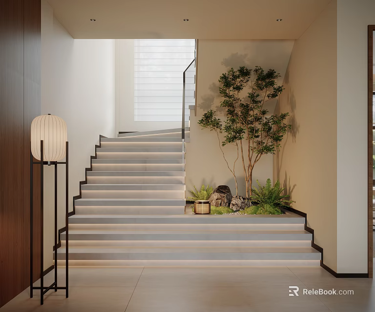 Modern Minimalist Staircase With Light Gray Steps Black Metal Railing Floor Lamp And Indoor Greenery 3d model 