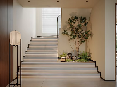 Modern Minimalist Staircase With Light Gray Steps Black Metal Railing Floor Lamp And Indoor Greenery 3d model