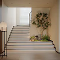 Modern Minimalist Staircase With Light Gray Steps Black Metal Railing Floor Lamp And Indoor Greenery