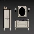 Elegant White Vanity with Gold Trim Oval Mirror Wall Sconces and Side Cabinet