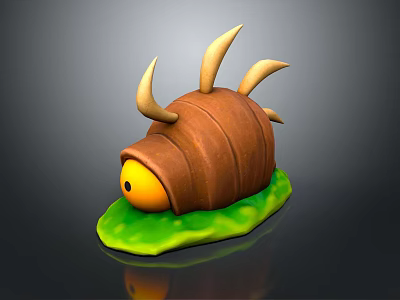 Cartoon Bug Character With Brown Shell Yellow Horns Yellow Eyes And Green Leaf Base 3d model