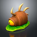 Cartoon Bug Character With Brown Shell Yellow Horns Yellow Eyes And Green Leaf Base