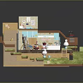 Cartoon Scene with Miniature Room Kitchen Area Staircase Dolls Green Grass and Steps