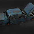 Old Blue Rusty Car With Open Hood And Doors On Dark Background