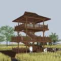 Two Story Wooden Pergola With Thatched Roof Surrounded by Green Fields and Trees