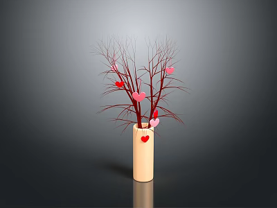Sculptural Carving of Light Colored Cylindrical Vase with Branches and Red Pink Heart Decorations on Dark Background 3d model