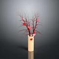Sculptural Carving of Light Colored Cylindrical Vase with Branches and Red Pink Heart Decorations on Dark Background