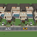 Modern Townhouse Exterior With Large Glass Windows Terraces And Parked Cars