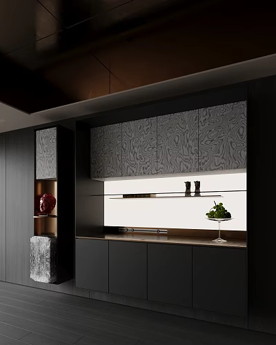 Modern Stylish Sideboard With Textured Cabinets And Decorative Items On Countertop 3d model