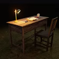 Wooden Desk And Chair with Table Lamp White Cup Books Notebook in Grass At Night